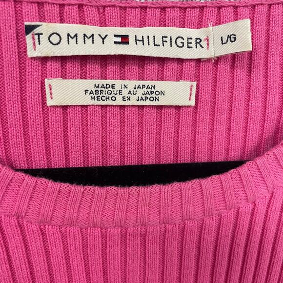 Y2K Tommy Hilfiger Pure Cotton Ribbed Knit Logo Sweater Pink Womens Large - Picture 3 of 7